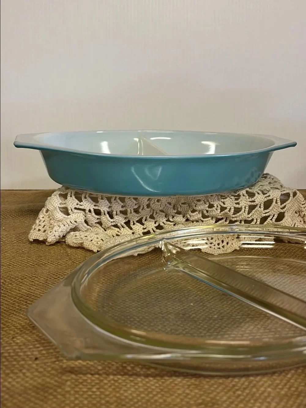 PYREX Vintage Turquoise Oval Divided Casserole Dish with divided clear glass lid